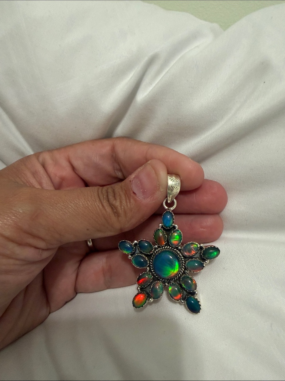 Starburst Opal Pendant Necklace - Iridescent Green Blue